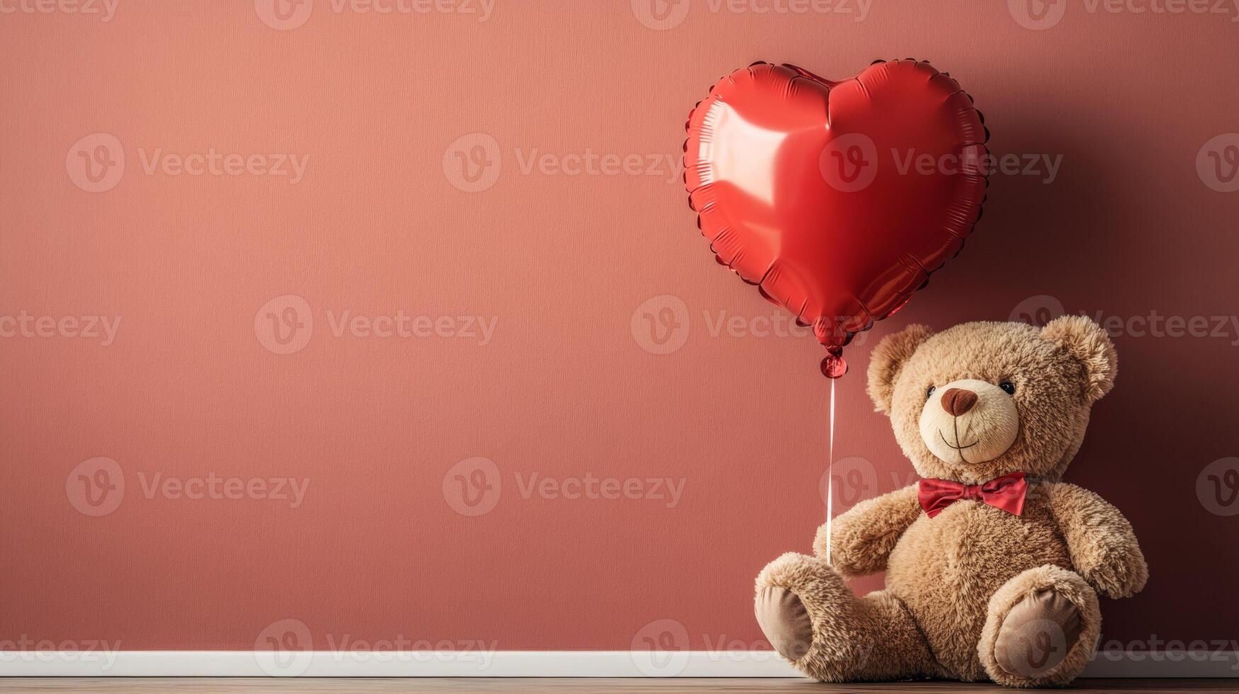 Teddy bear with heart shaped balloon on wall photo