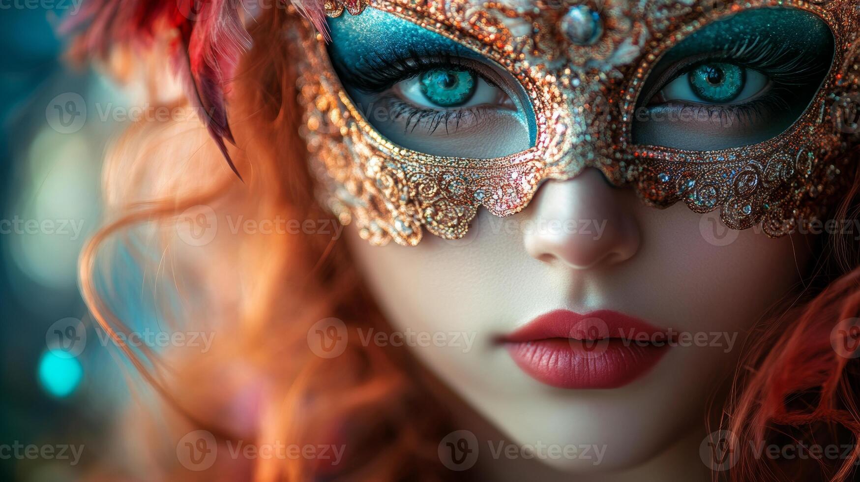 A woman with blue eyes and a mask photo