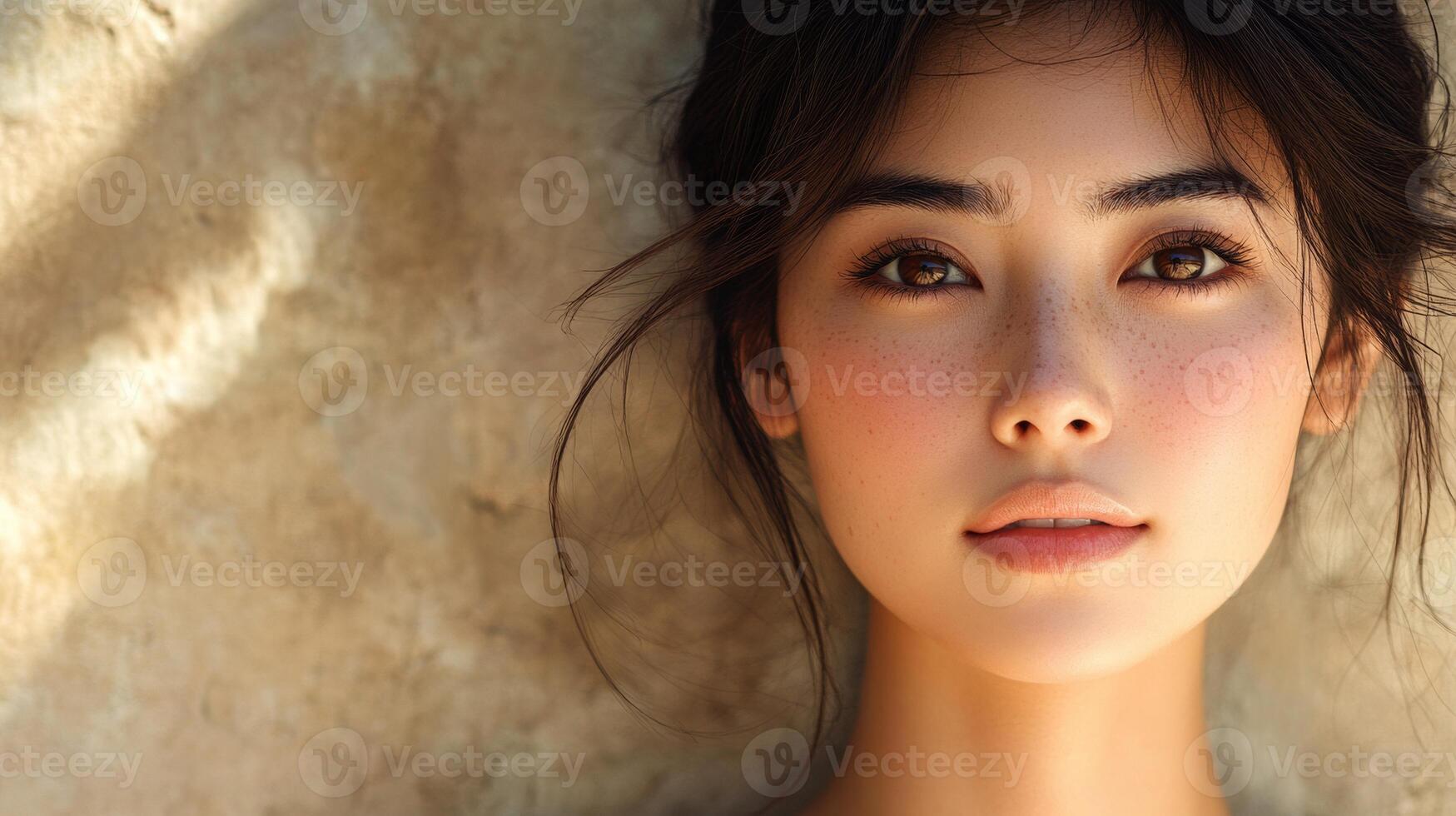A beautiful woman with dark hair and brown eyes photo