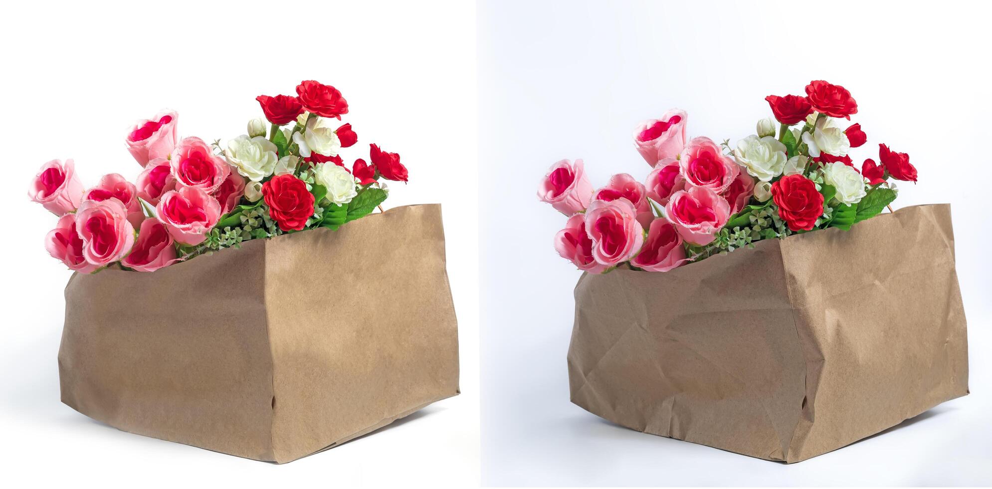 Colorful flower in the paper bag scene against the bright background. Before and after to remove the fold and crease. photo