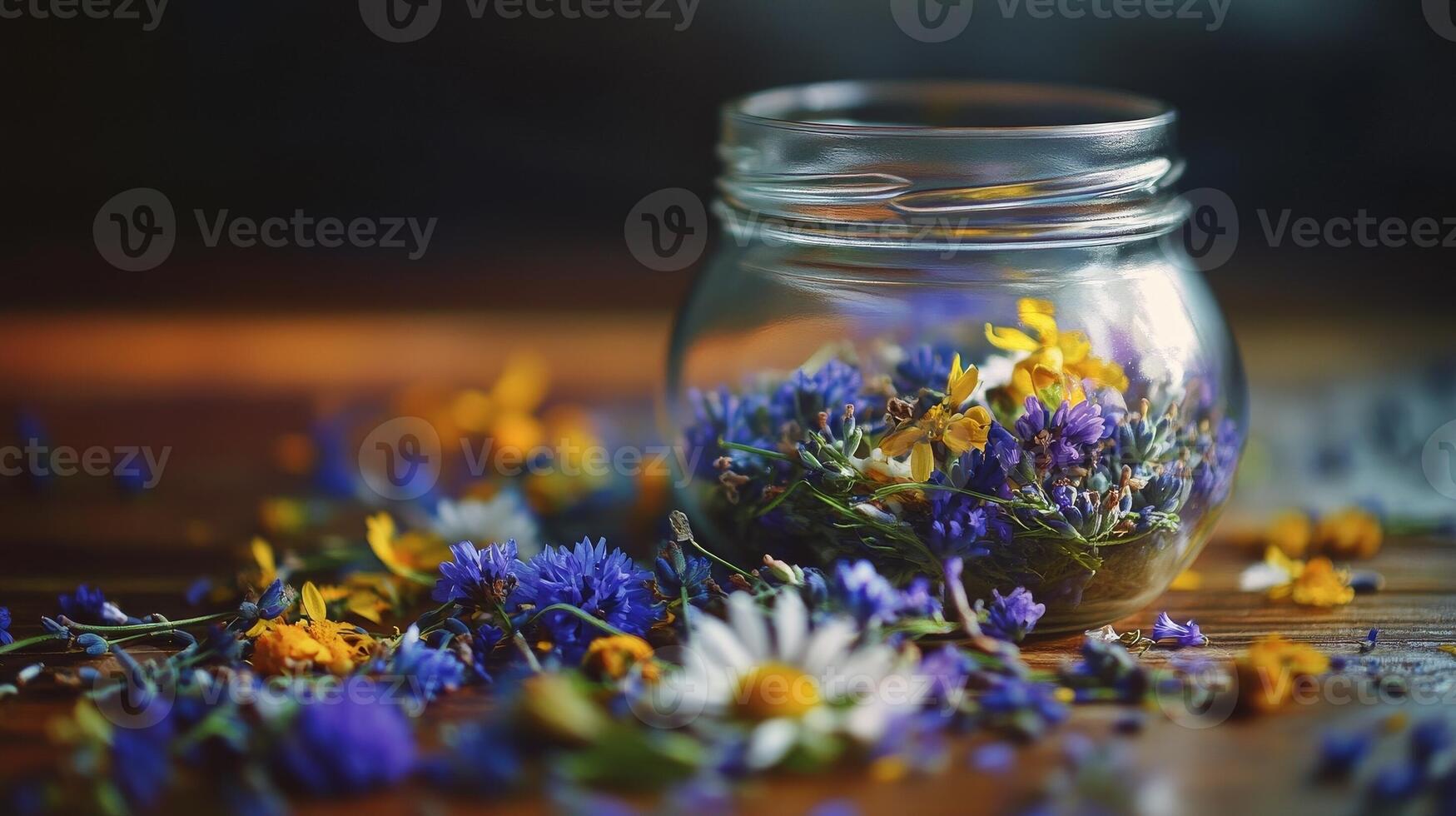 Colorful wildflowers arranged in a glass jar on a rustic wooden surface, showcasing their natural beauty and vibrant colors photo