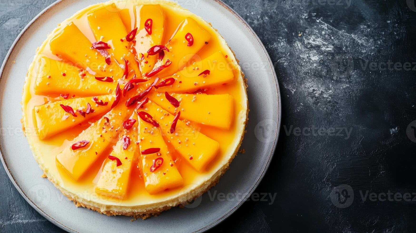 Delicious mango cheesecake topped with fresh mango slices and a hint of red chili on a dark surface photo