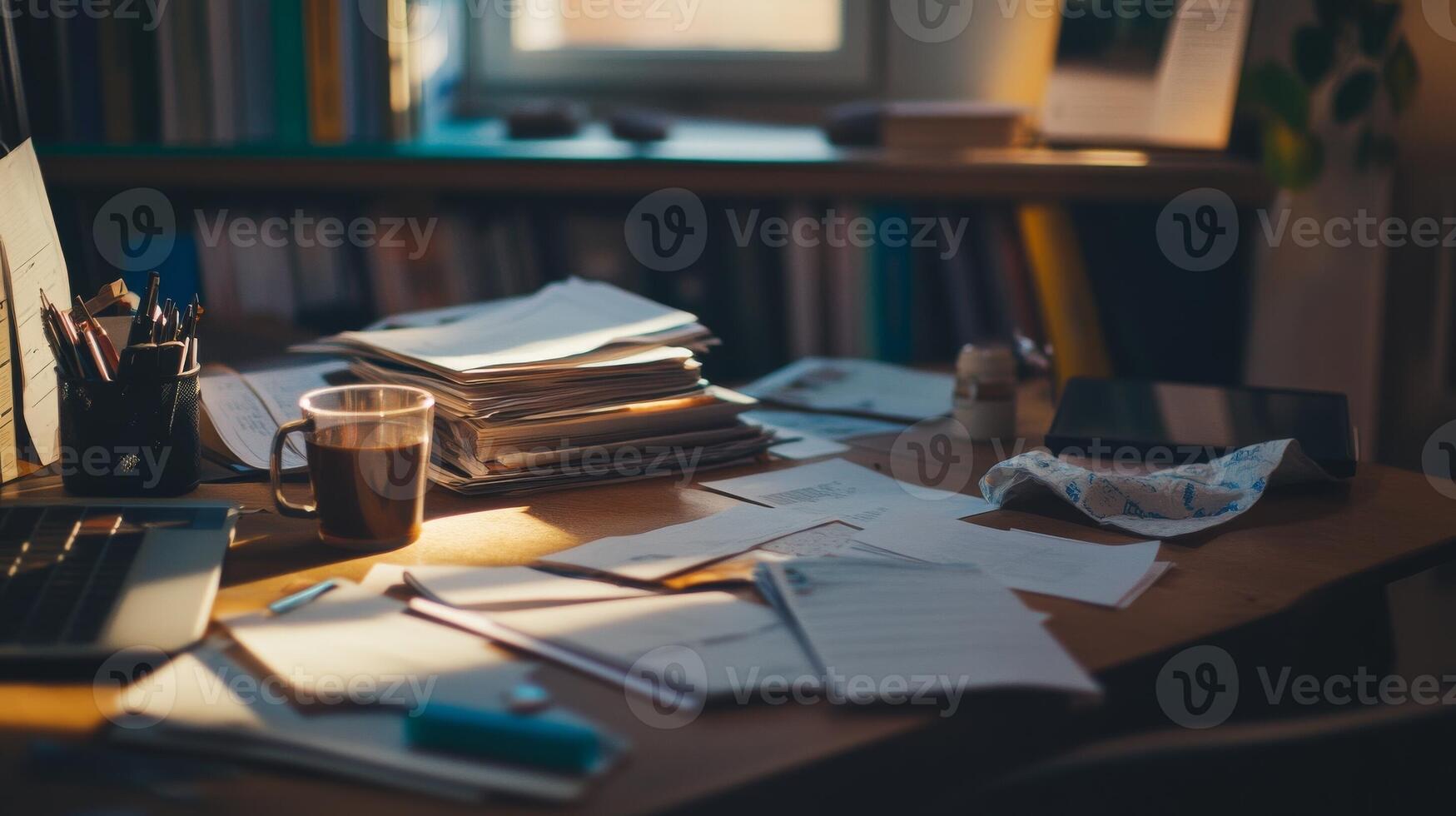 Cluttered desk with papers and laptop in warm afternoon sunlight highlighting organization struggles photo