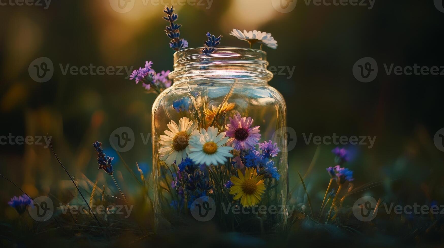 Beautiful wildflowers in a glass jar surrounded by lush grass at sunset time in a tranquil outdoor setting photo