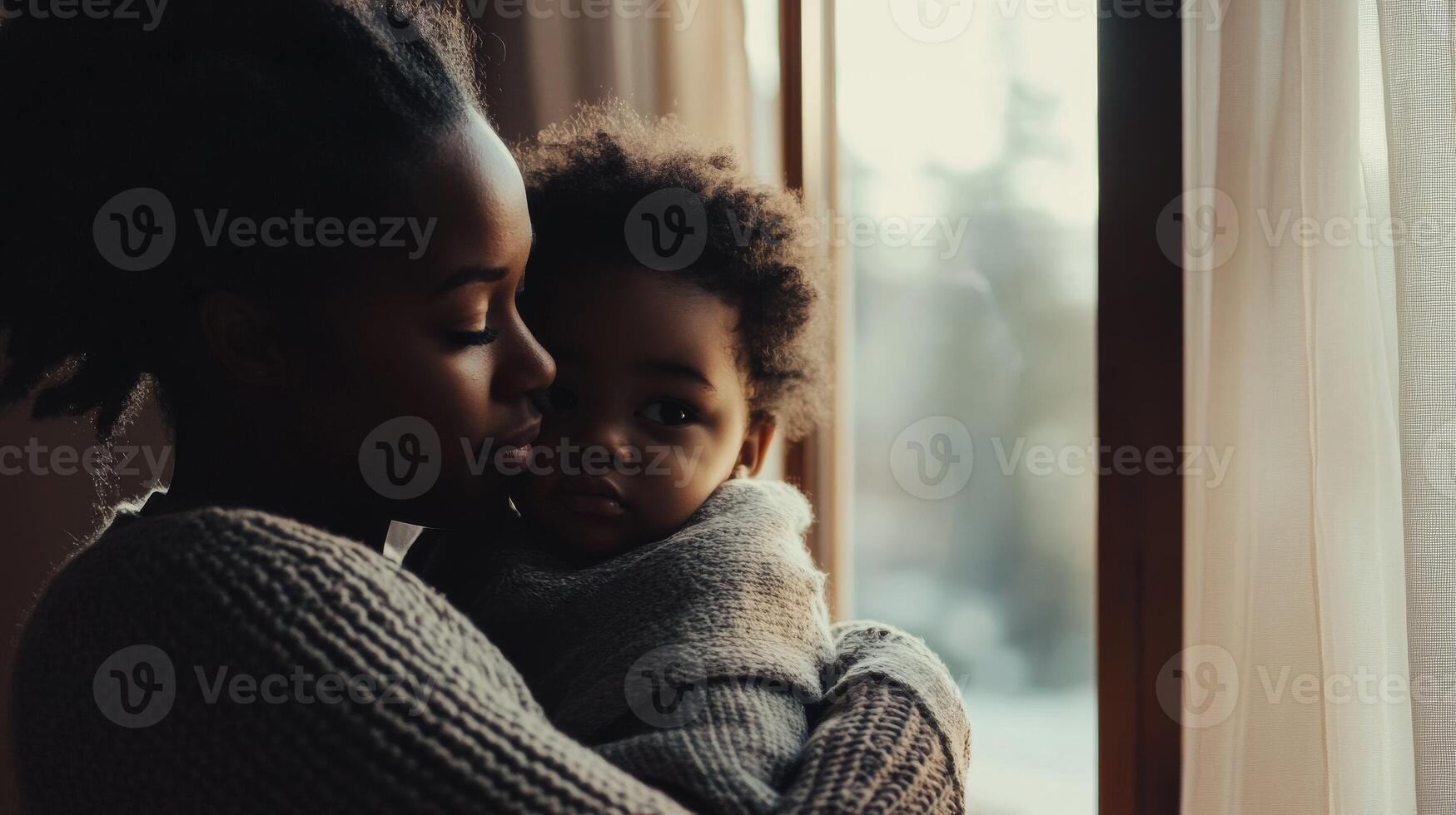 Mother lovingly embraces her child by the window in a cozy indoor setting during the afternoon photo