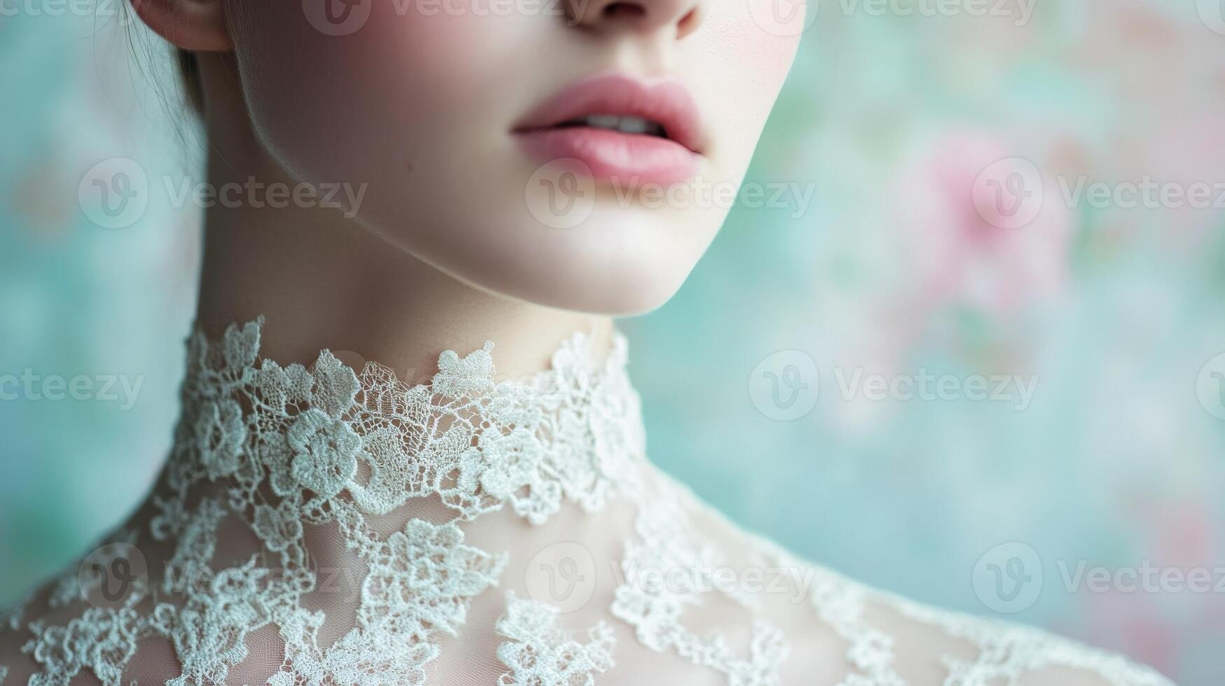 Close-up of a woman showcasing delicate lace collar with floral patterns against a soft pastel background photo