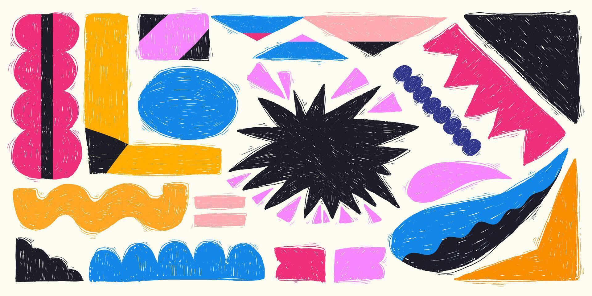 Abstract Grunge Shapes with Modern Colors, Pencil Geometric Drawings with Hand Drawn Texture. Cute and funny stickers vector