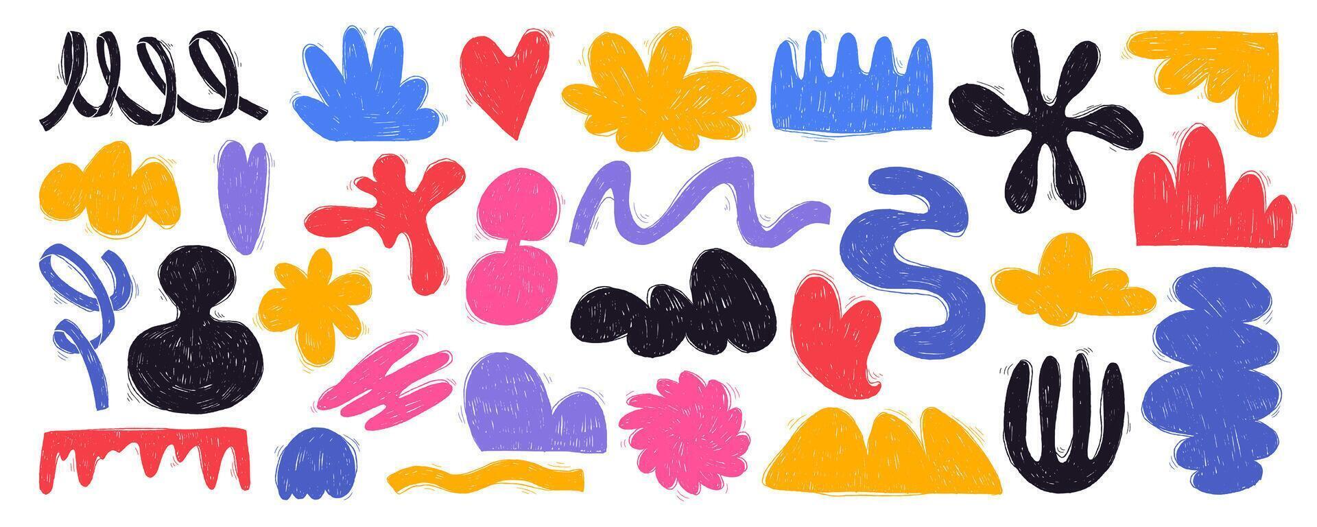 Colorful Funny Abstract Grunge Shapes with, Pencil Geometric Drawings with Hand Drawn Texture. Cute and funny stickers vector