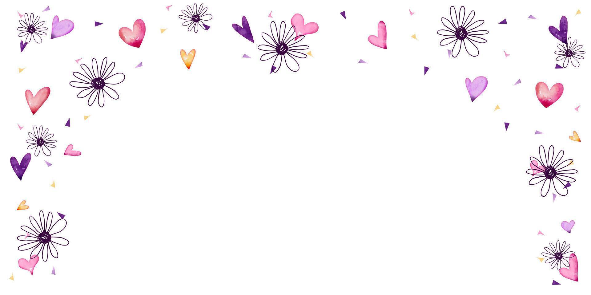 Love Background for Valentine's Day, Mother's Day with Romantic Floral and Hearts Frame. Hand drawn cartoon daisies vector