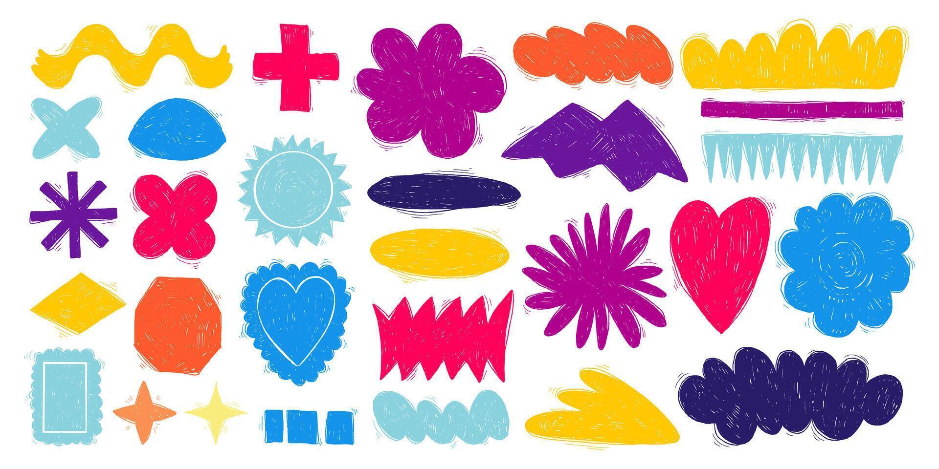Colorful Doodle Abstract Grunge Shapes. Pencil Geometric Drawings with Hand Drawn Texture. Cute and funny stickers vector