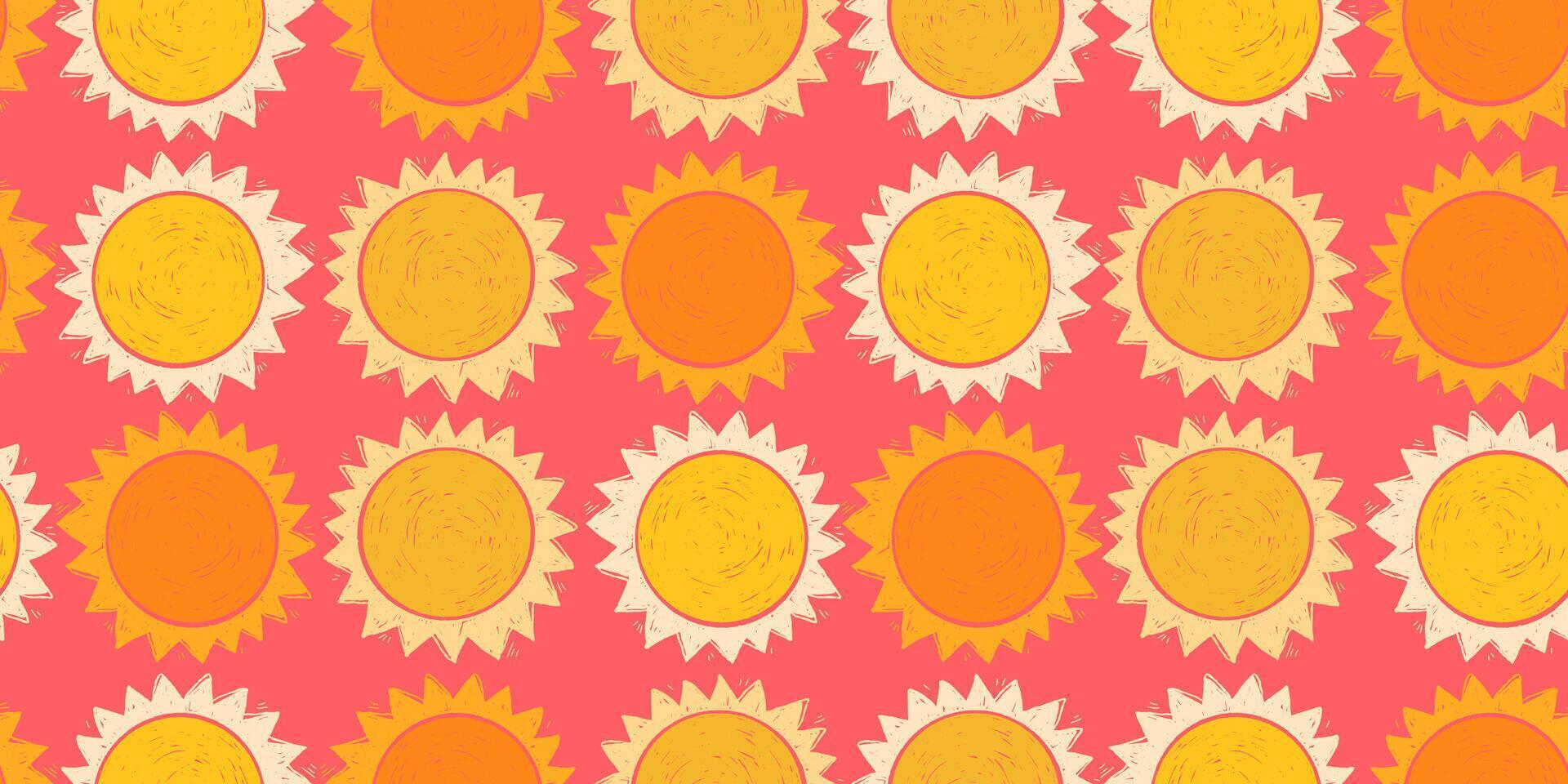 Hand Drawn Yellow Crayon Sun Seamless Pattern. Colorful modern sunny background with funky grunge elements. vector
