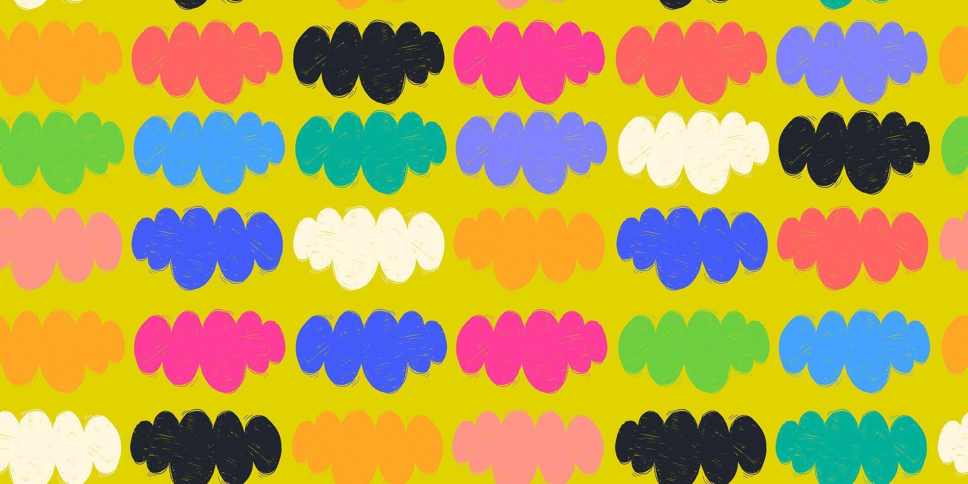 Seamless Pattern with Colorful Doodle Grunge Abstract Organic Shapes. Retro geometric wallpaper. Pencil naive cartoon drawings with hand drawn texture, modern background with freehand design vector