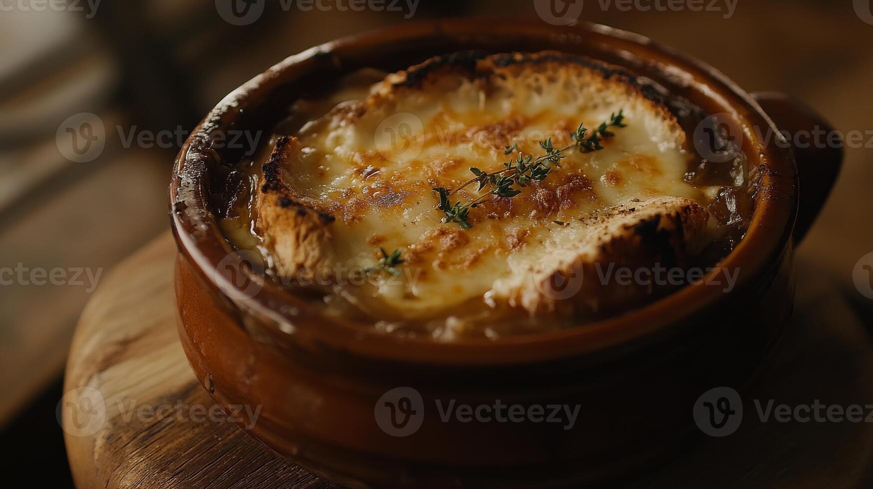 Savory French onion soup served with toasted bread in a rustic setting photo