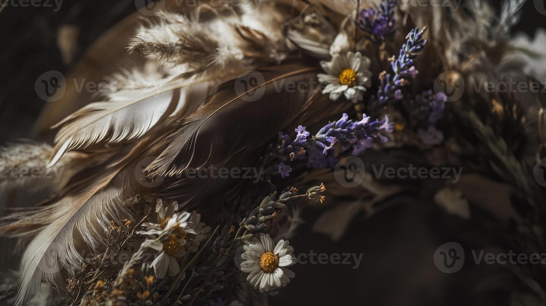 Beautiful floral crown made with feathers and wildflowers showcased in soft natural light photo
