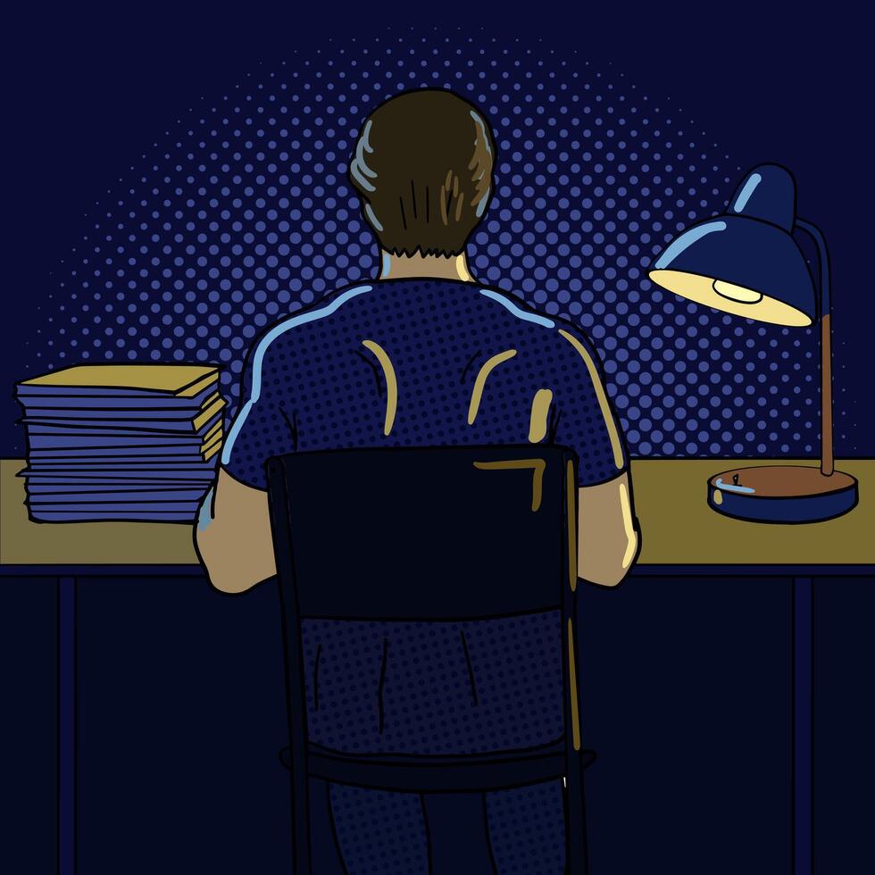 Man working at night pop art style illustration. Human illustration. Comic book style imitation. Vintage retro style. Conceptual illustration vector