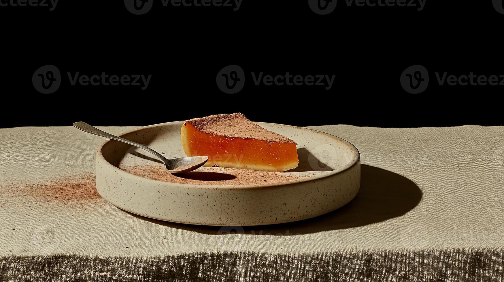 Dessert on a rustic plate featuring layered jelly with a cocoa dusting set on a textured tablecloth in low light photo