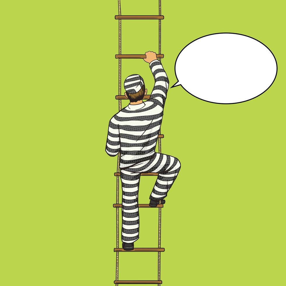 Prisoner crawling on a rope ladder pop art style illustration. Human illustration. Comic book style imitation. Vintage retro style. Conceptual illustration vector
