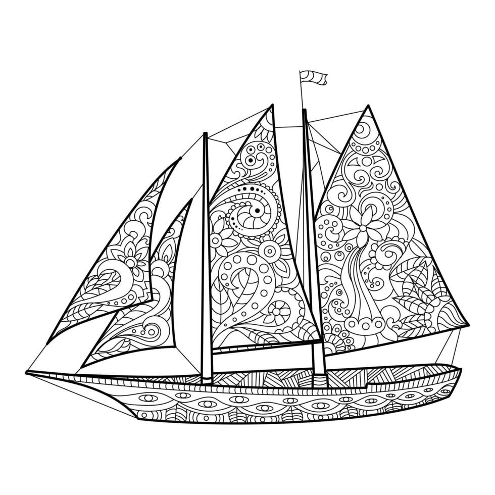 Sailboat coloring book for adults illustration. Anti-stress coloring for adult. Zentangle style. Black and white lines. Lace pattern vector