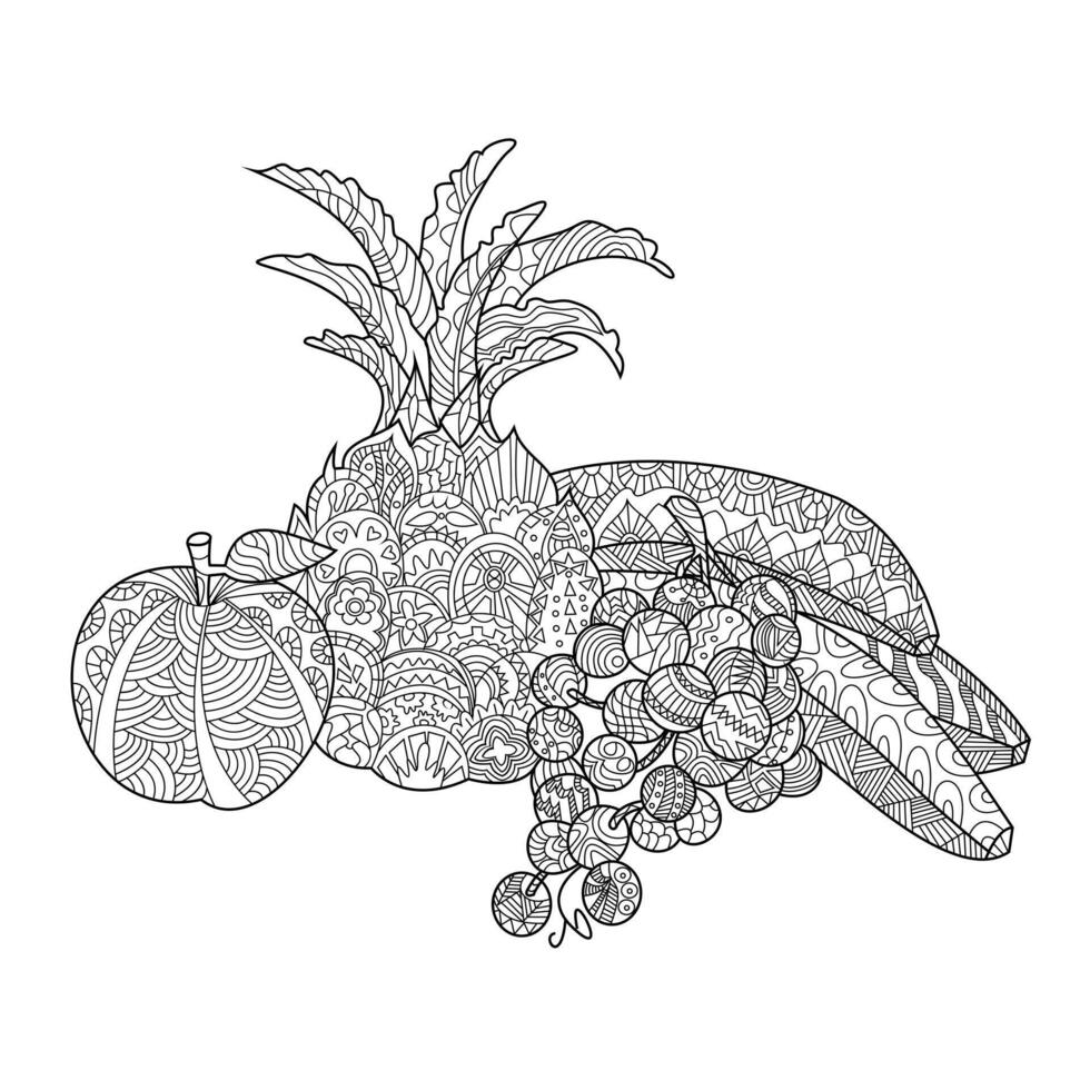 Fruits still life coloring book for adults illustration. Anti-stress coloring for adult. Zentangle style. Black and white lines. Lace pattern vector