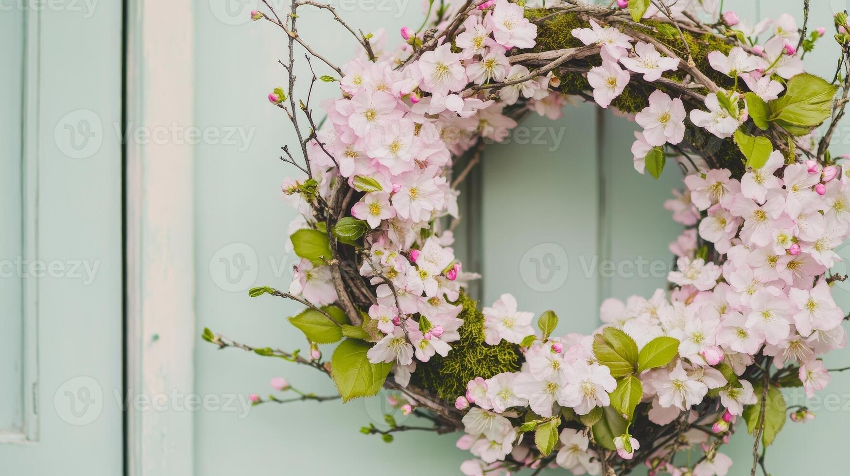 Floral wreath decorated with cherry blossoms hanging on a pastel blue door photo