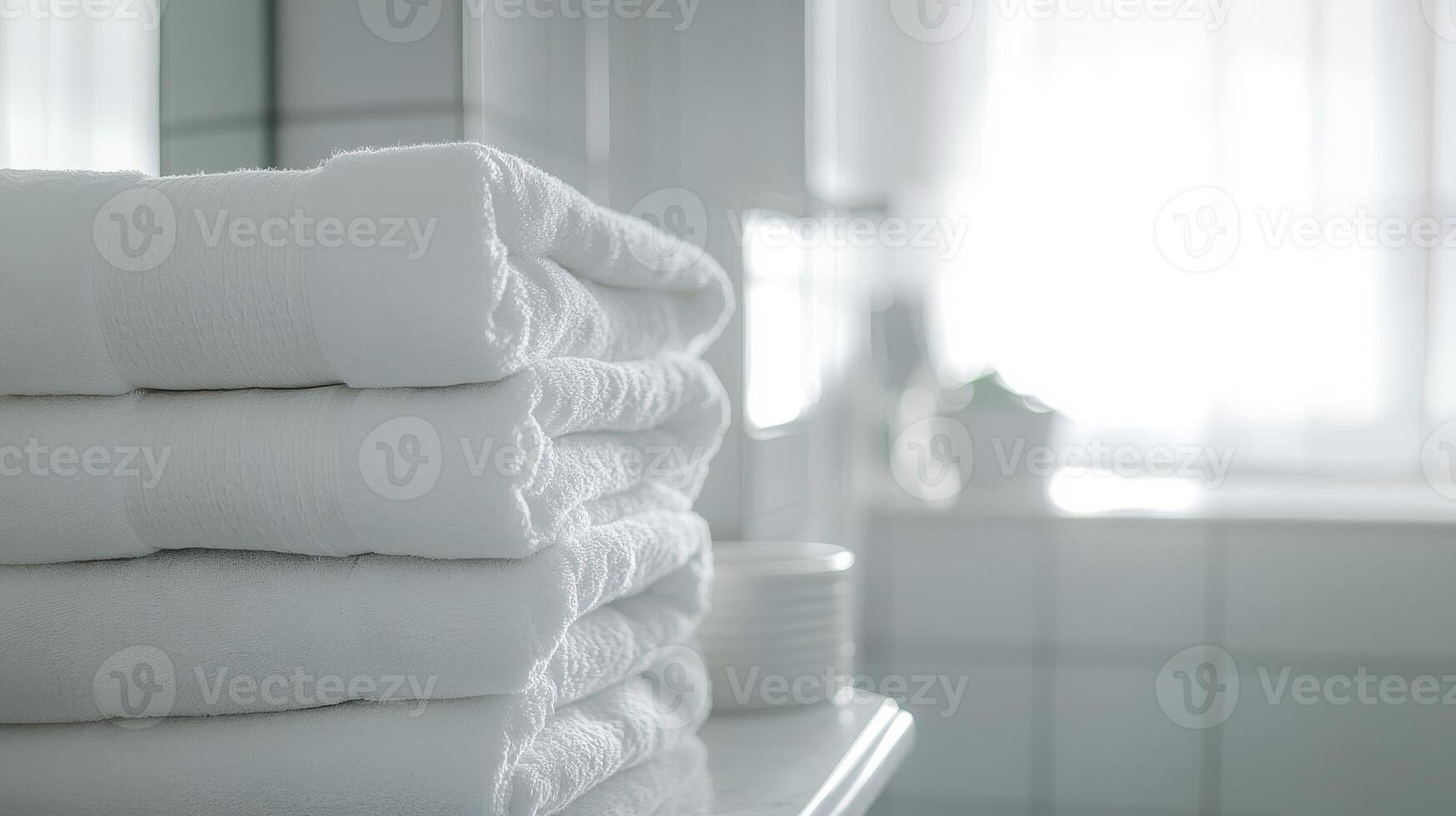 Soft white towels neatly stacked on a bathroom shelf with natural light illuminating the space in a serene morning setting photo