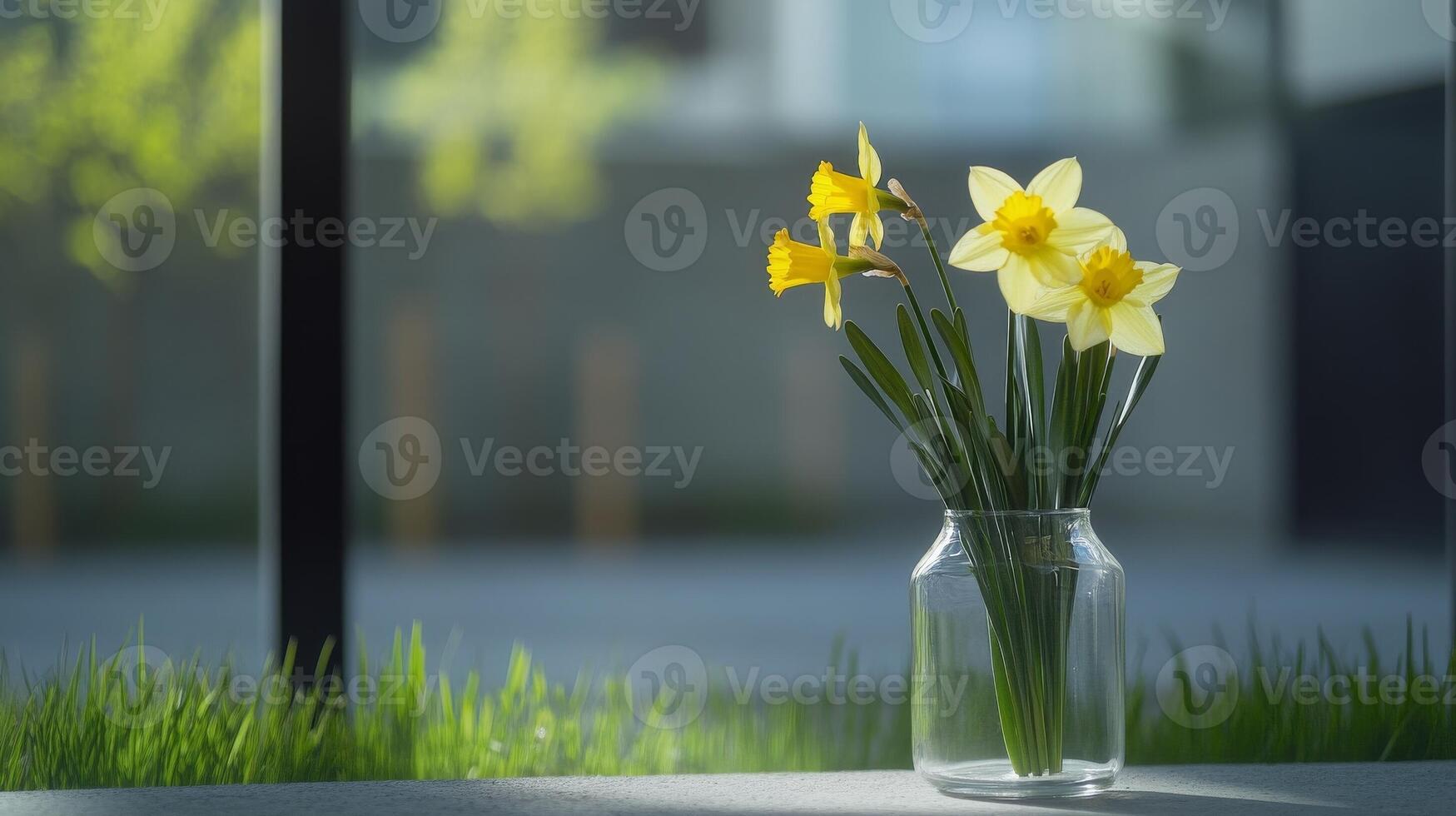 Daffodils in a glass vase near green grass on a sunny morning in a modern setting photo