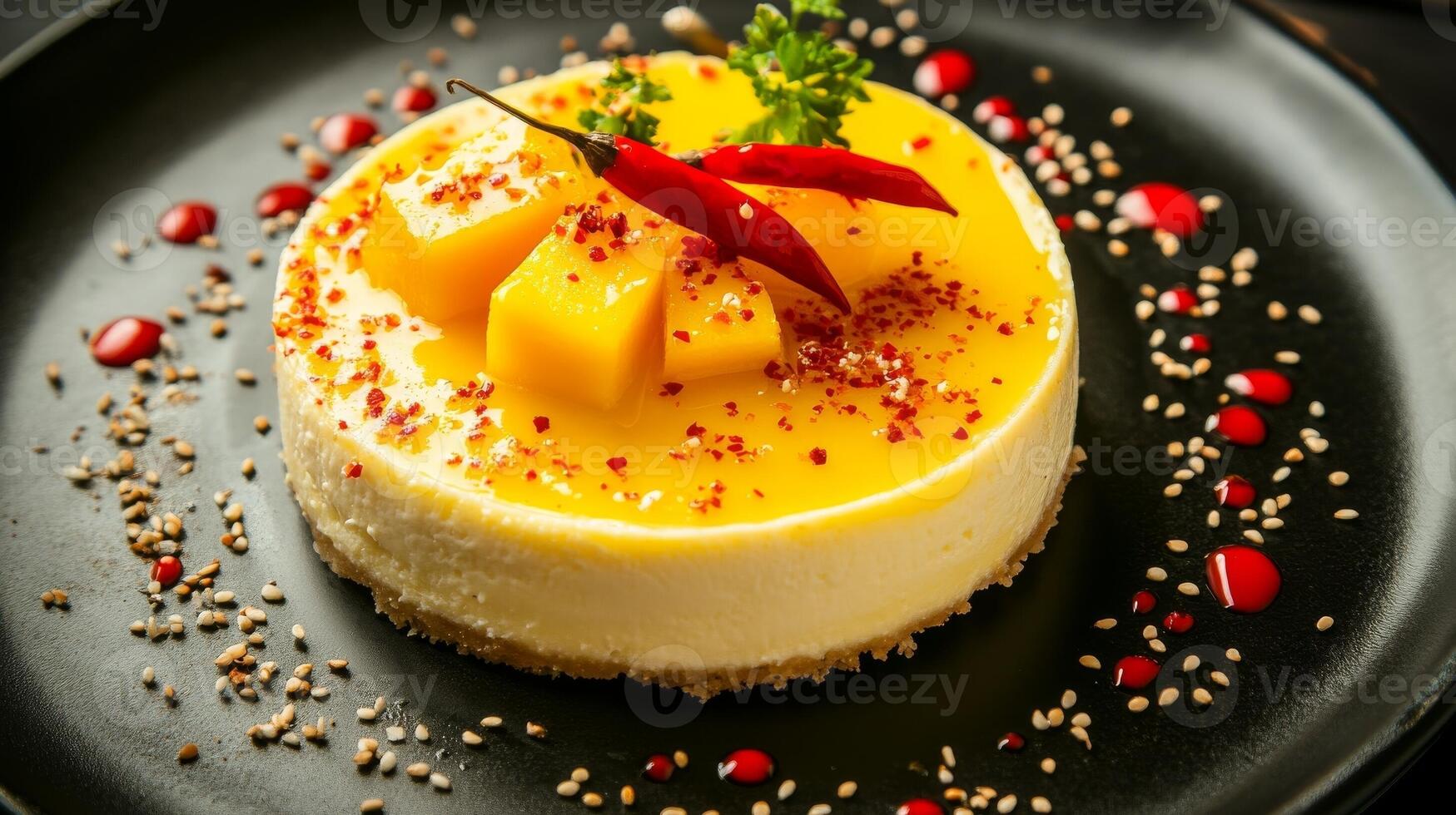 Delicious mango cheesecake topped with red chili and garnished with sesame and vibrant fruit on a black plate photo