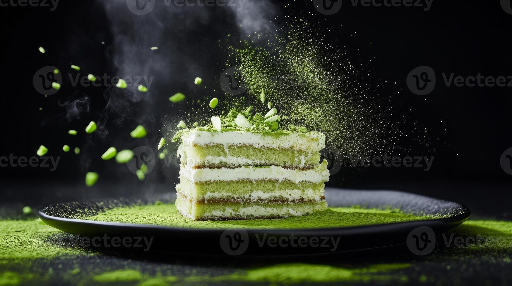 Layers of matcha dessert with vibrant green powder scattered around in a dramatic presentation photo