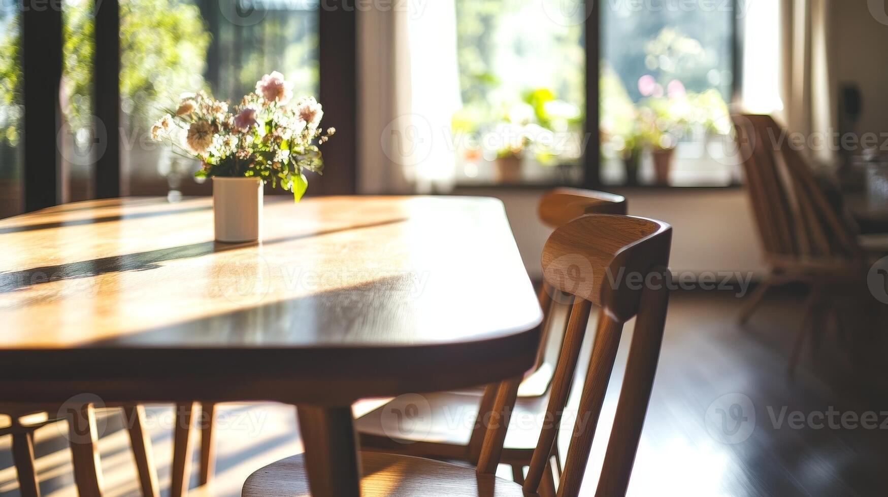 Bright and inviting dining area with wooden table, chairs, and floral centerpiece in a sunlit room photo