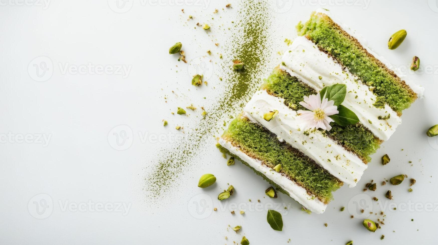 Delicious green cake with creamy layers and pistachio decoration presented on a light background photo