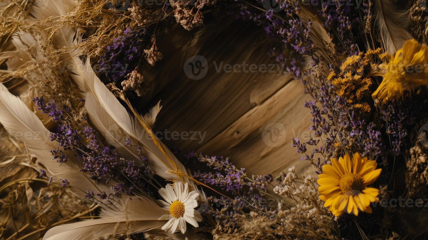 Beautifully arranged dried flowers and feathers create an elegant natural frame on a rustic wooden background photo