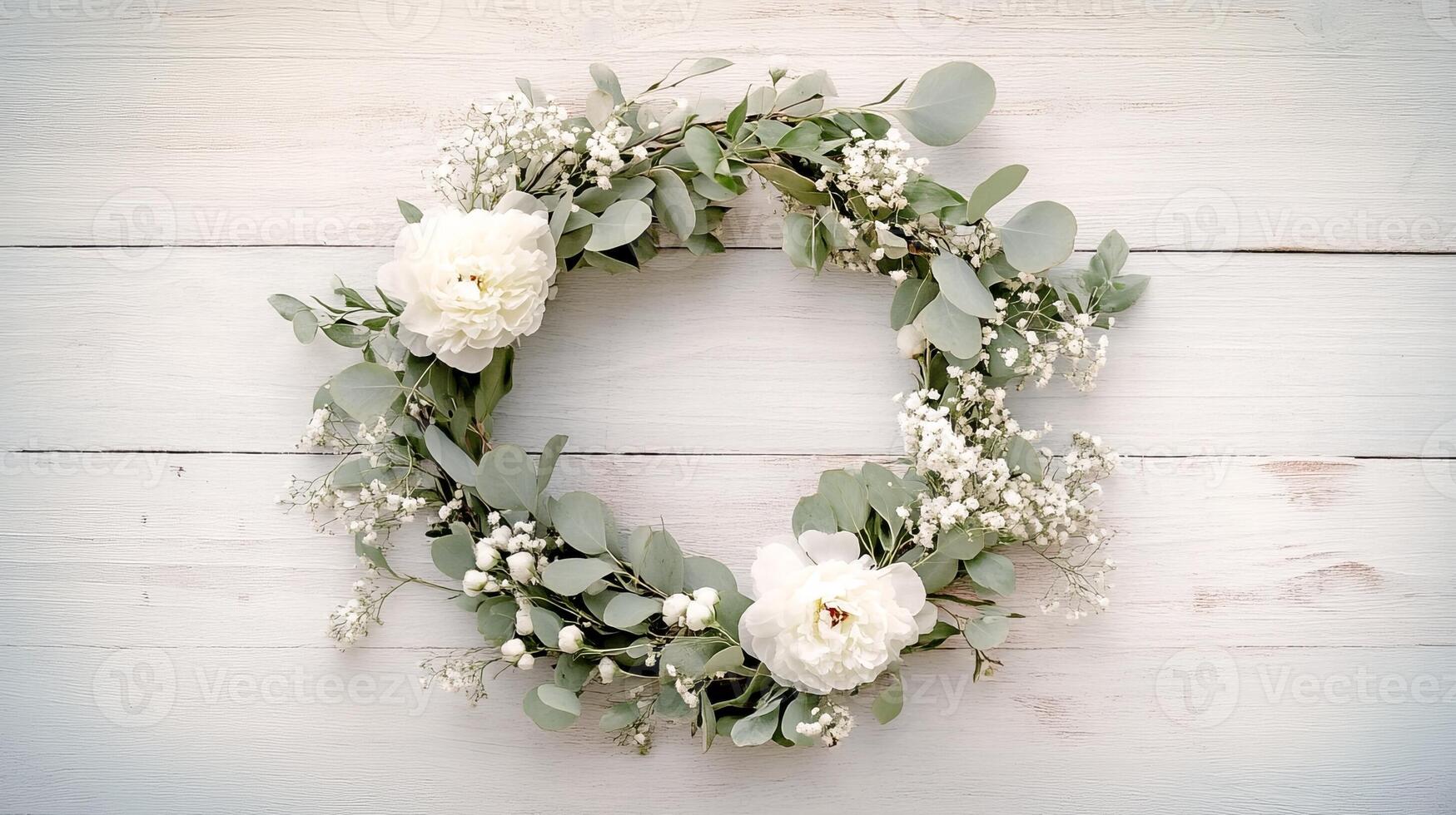 Elegant floral wreath adorned with white peonies and eucalyptus on a wooden surface photo