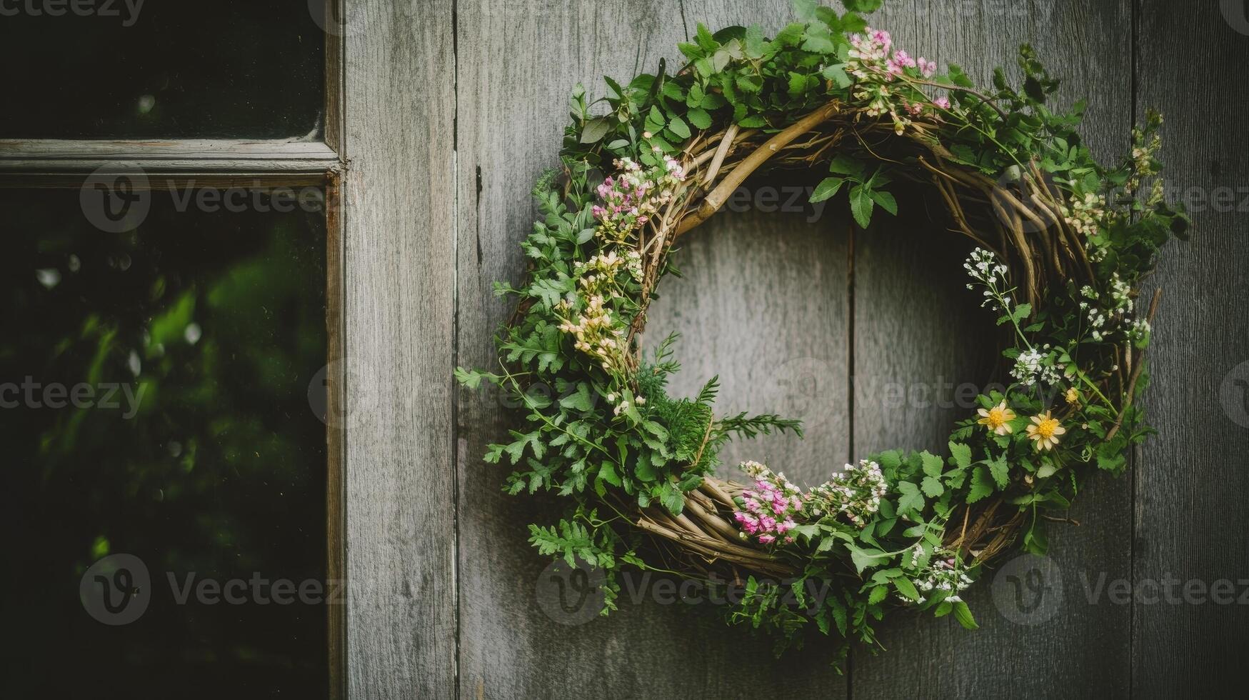 Decorative wreath adorned with fresh flowers hangs on rustic wooden wall photo