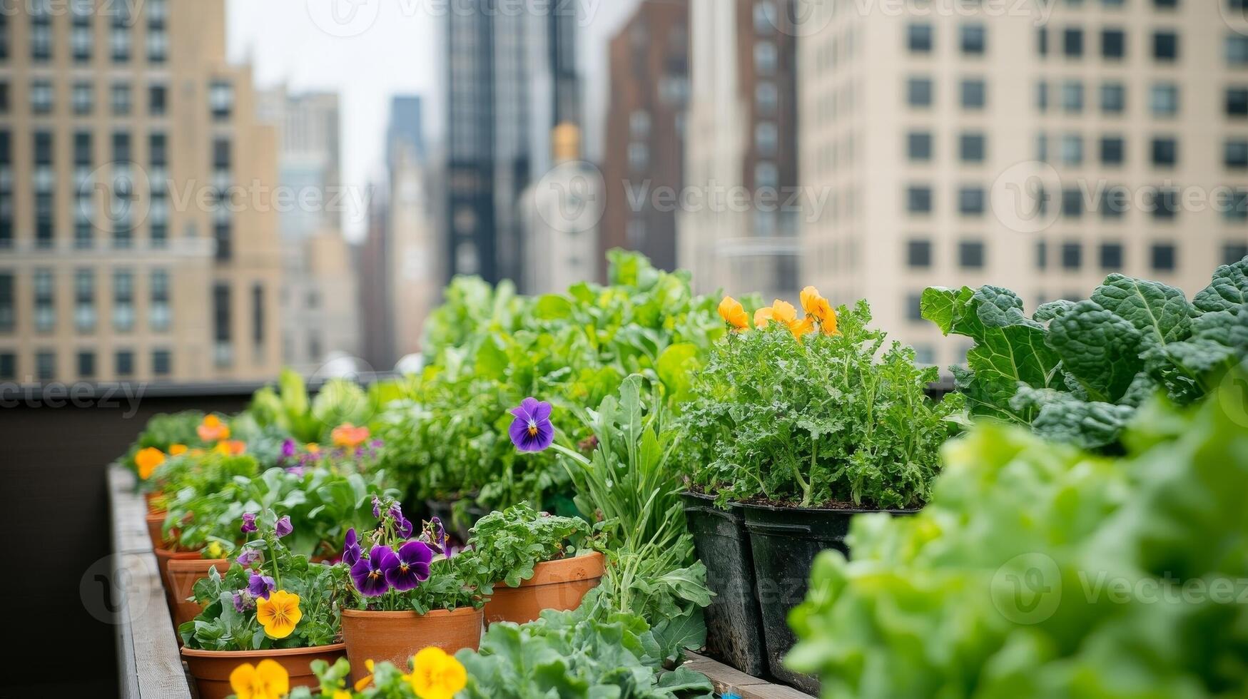 Urban rooftop garden showcases vibrant flowers and fresh greens amidst city skyscrapers in springtime photo