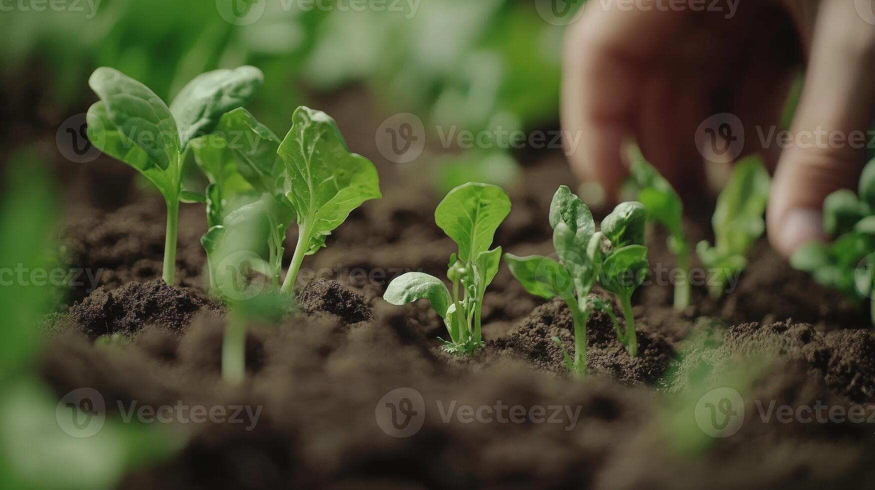 Hands gently tending to young green plants in rich soil during springtime planting in a home garden photo