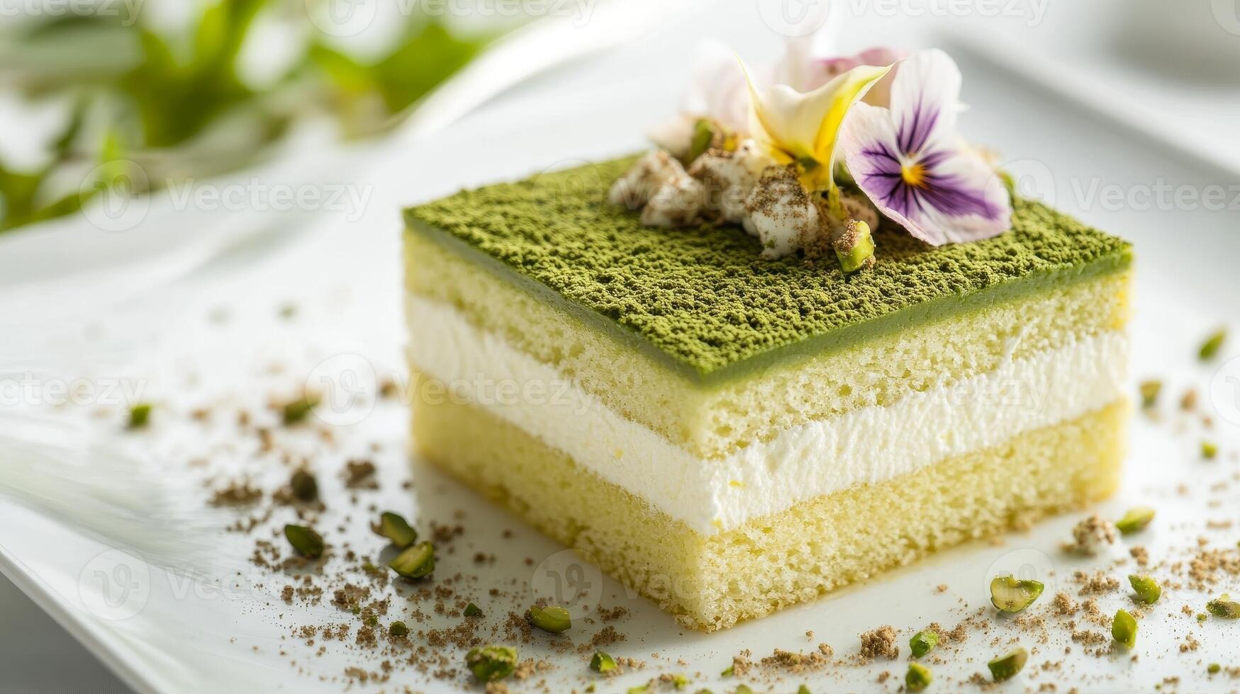 Delicious layered dessert with green tea and floral garnishes artfully presented on a plate photo