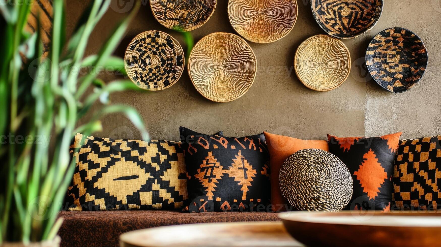 Vibrant decor featuring patterned cushions and woven baskets in a cozy interior setting with natural elements. Geometric African prints photo