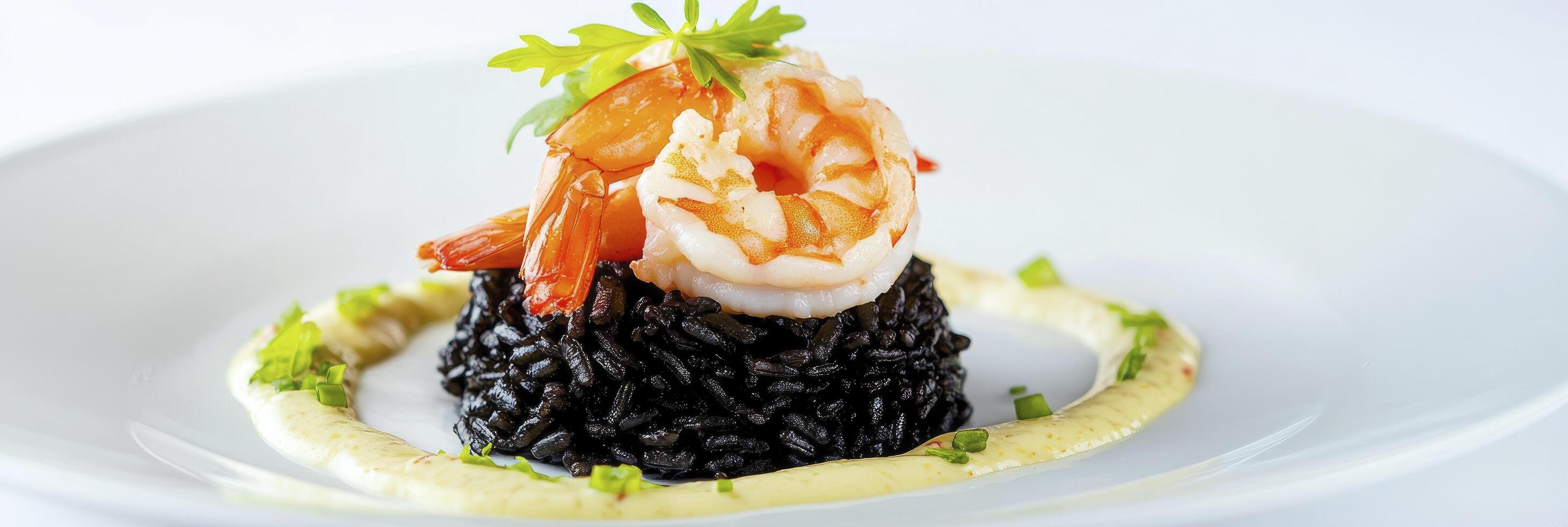 Black rice with prawns and mayonnaise on a white plate photo