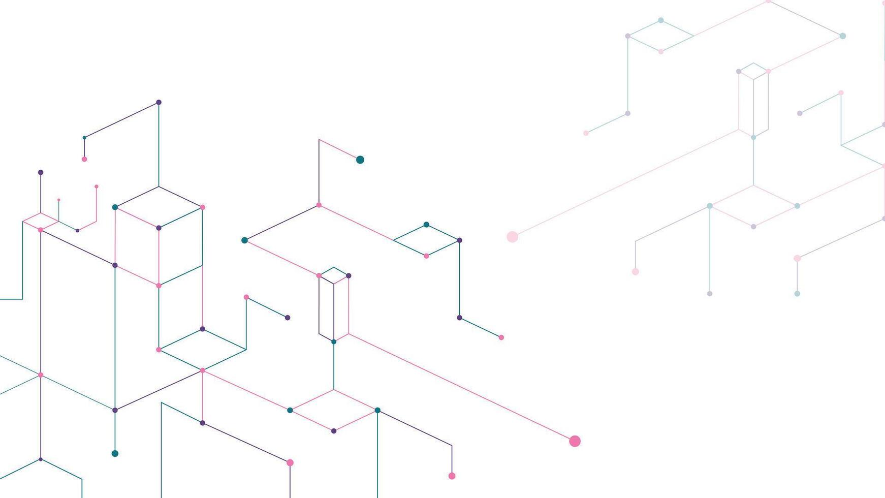 A modern, minimalistic illustration featuring interconnected geometric lines, boxes, and nodes in soft pink and blue tones. Ideal for technology, data, or digital networking themes. vector