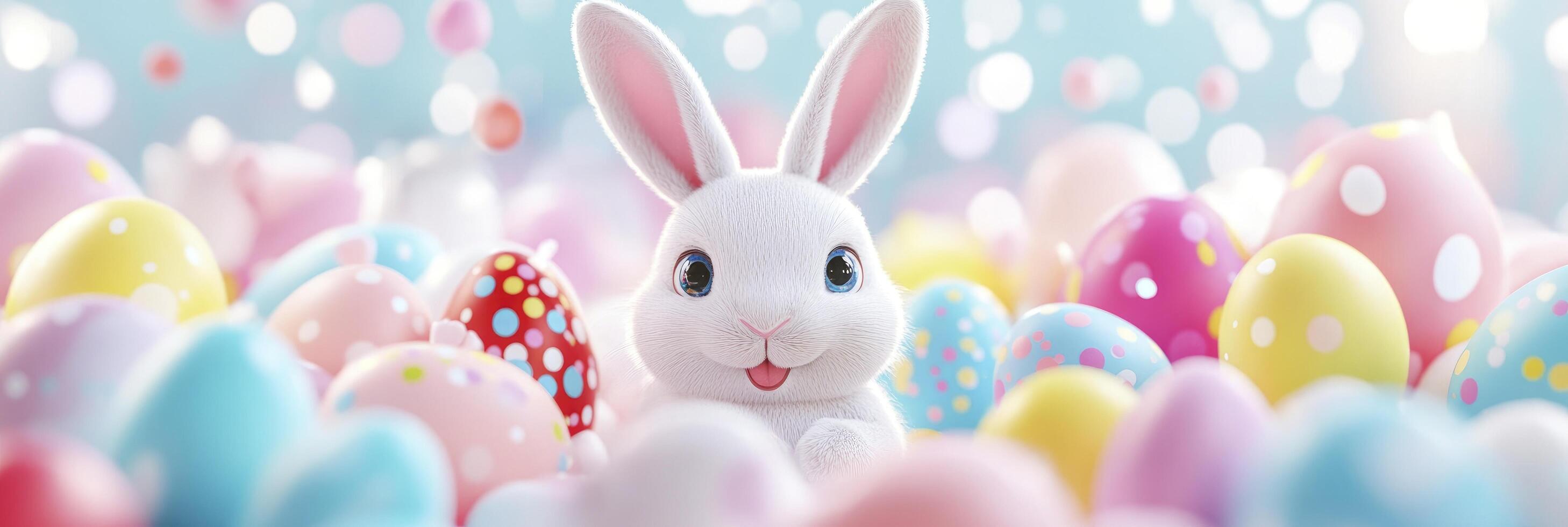 A happy Easter bunny surrounded by colorful eggs photo