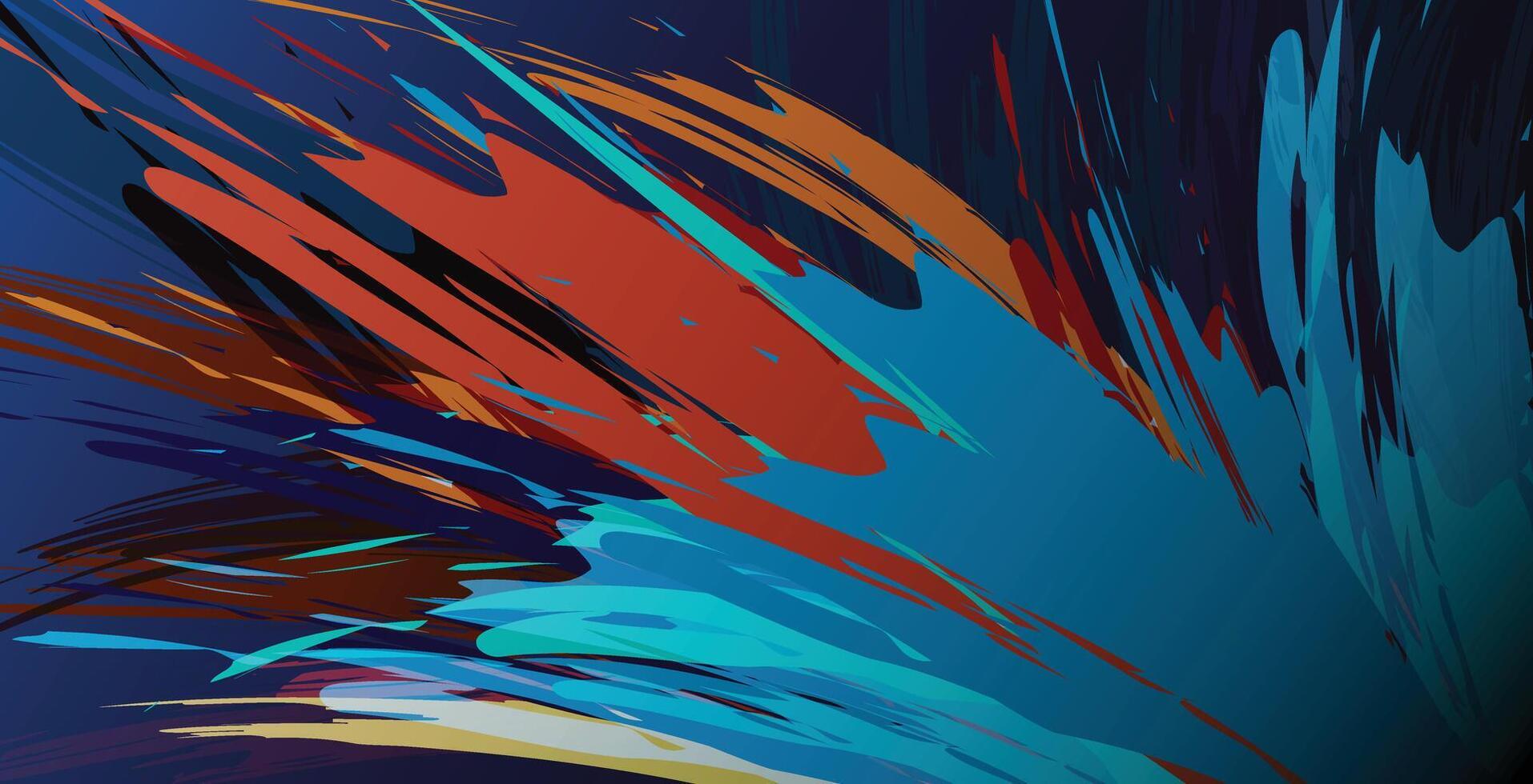 A bold and colorful digital abstract composition featuring energetic brush strokes in red, blue, and orange hues. Perfect for backgrounds, creative designs, or modern artistic themes. vector