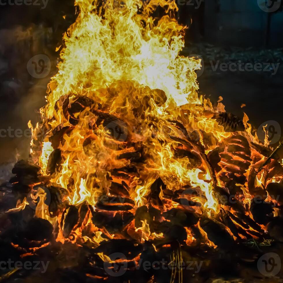 A bonfire is lit with many logs photo