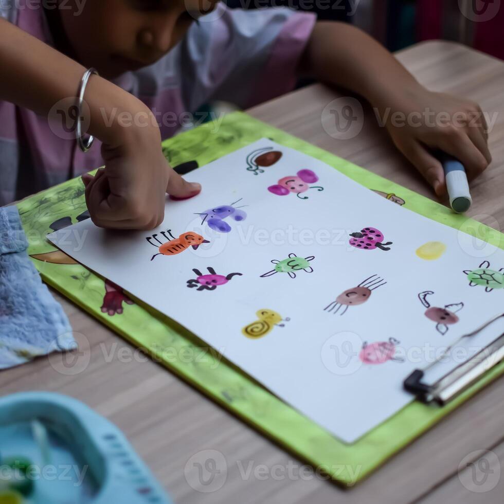 A child is drawing on a piece of paper with a marker photo