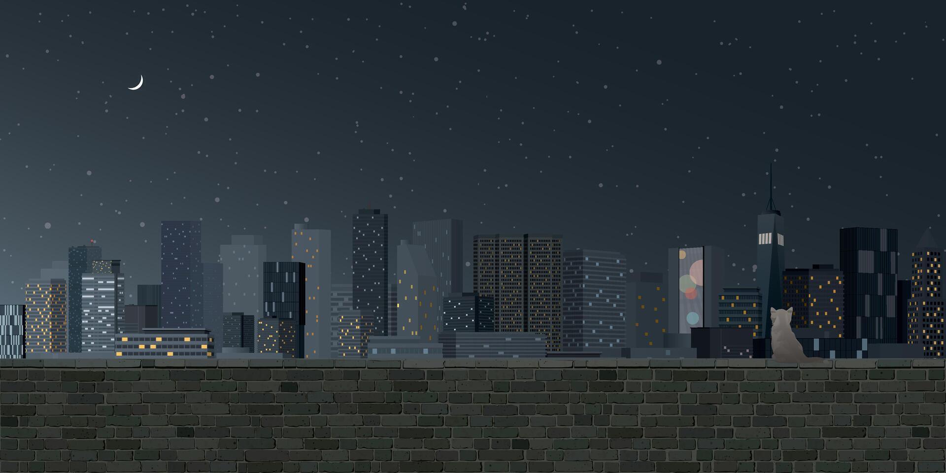 A cat sitting on old brick wall looking at the night view of skyscraper graphic illustration have blank space. vector