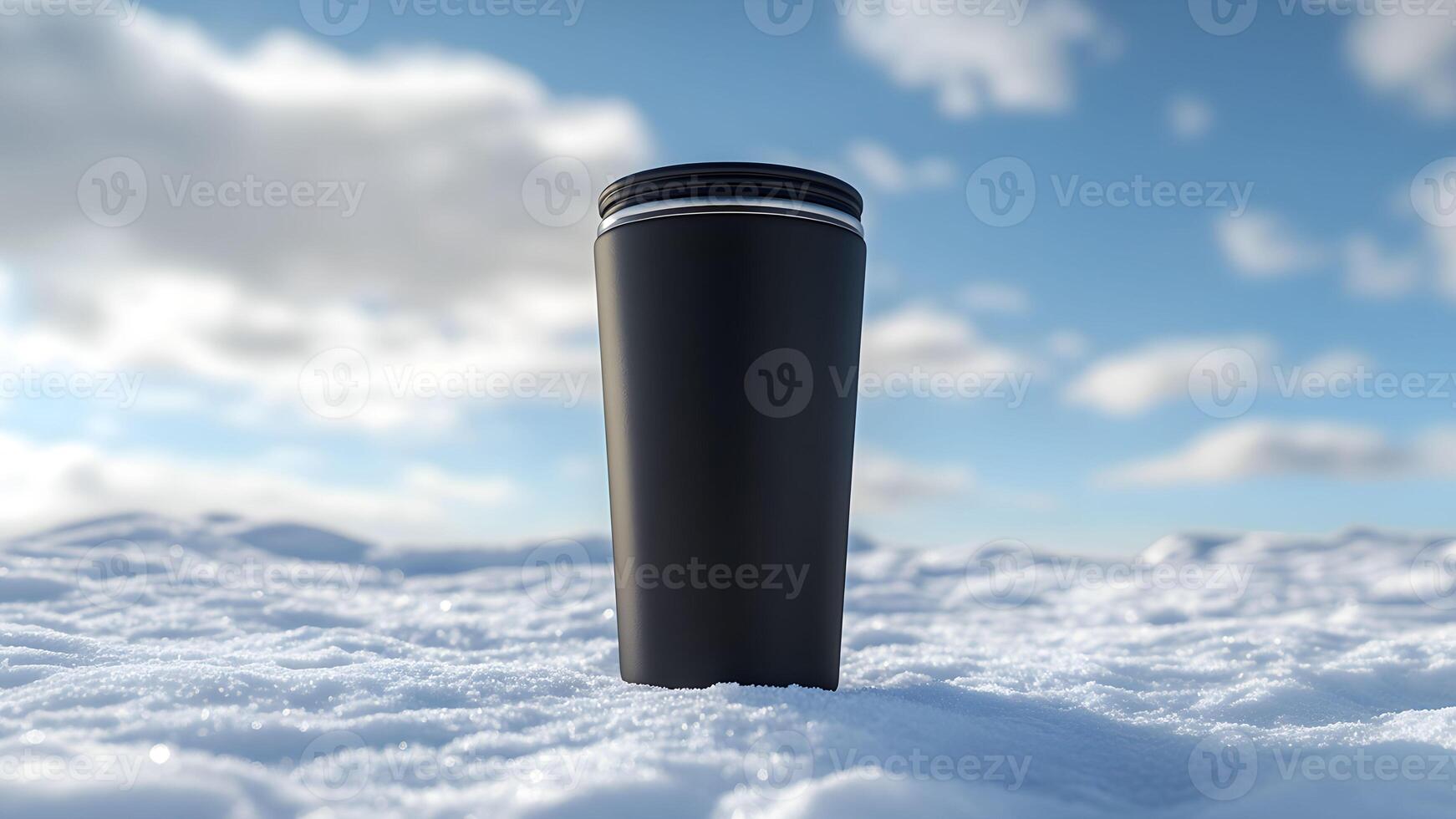 Black coffee tumbler for mockup resting on snow-covered ground under blue sky with clouds during winter afternoon photo