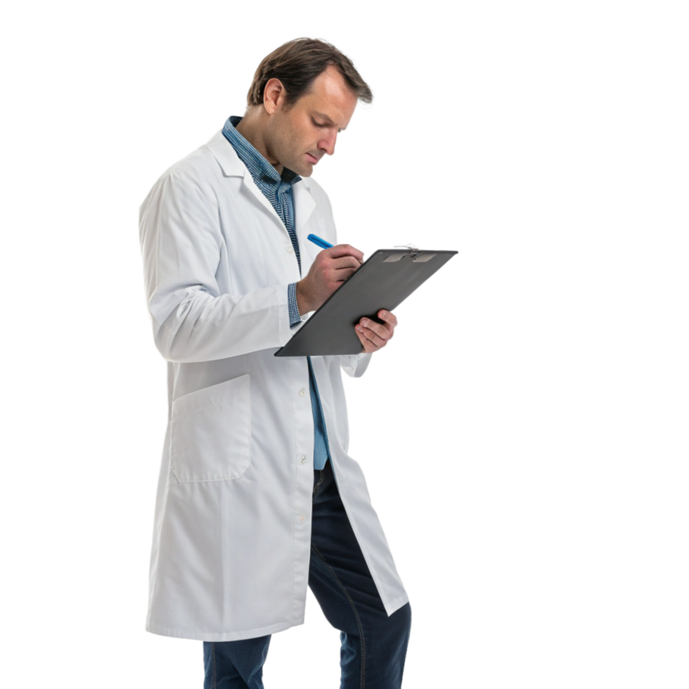 Medical researcher taking notes in lab coat professional portrait clean environment focused perspective png