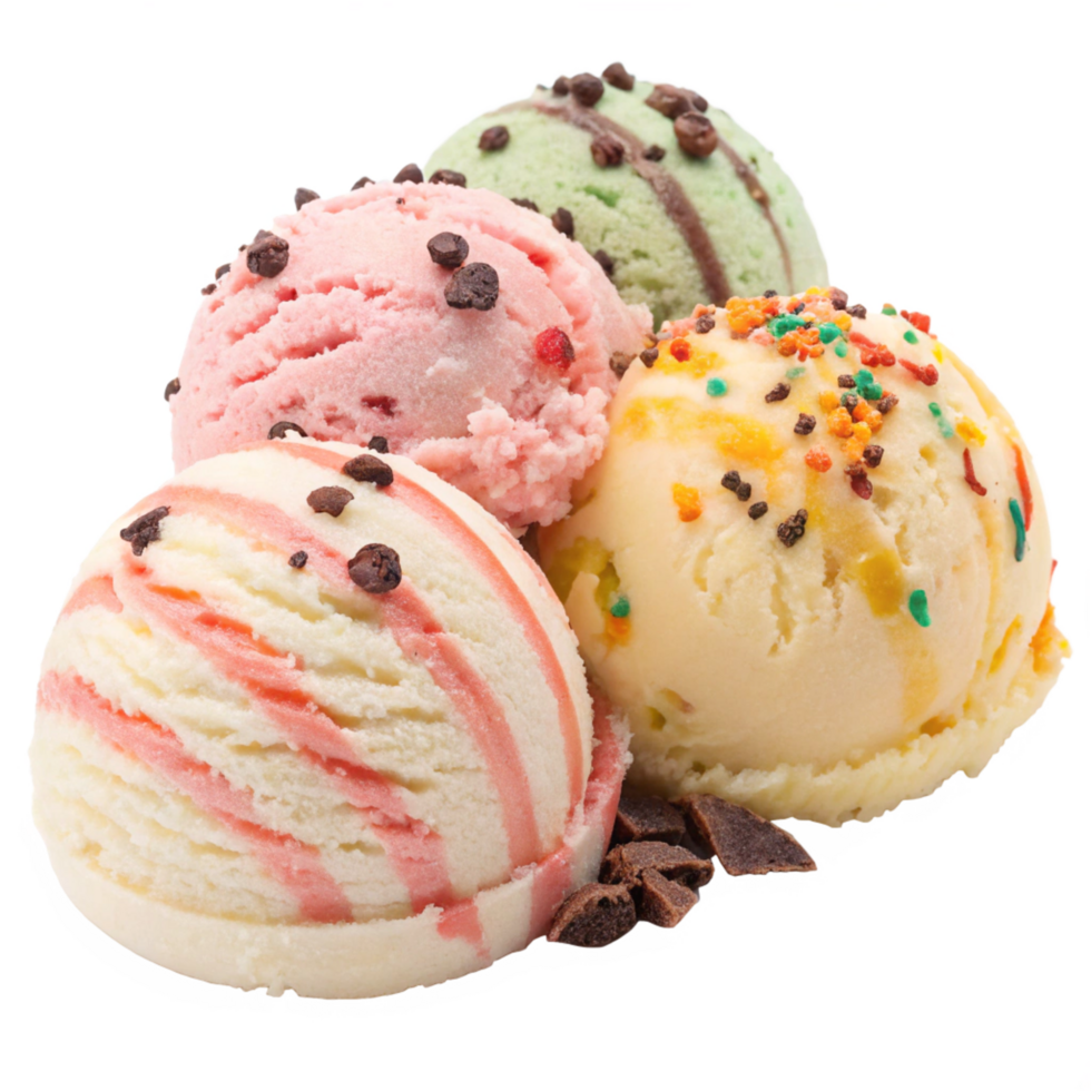Delicious ice cream scoops with colorful toppings studio setting food photography close-up view png