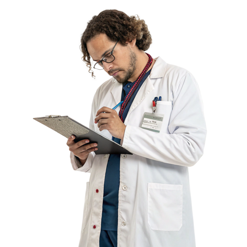 Medical researcher analyzing data professional portrait studio environment focused concept png
