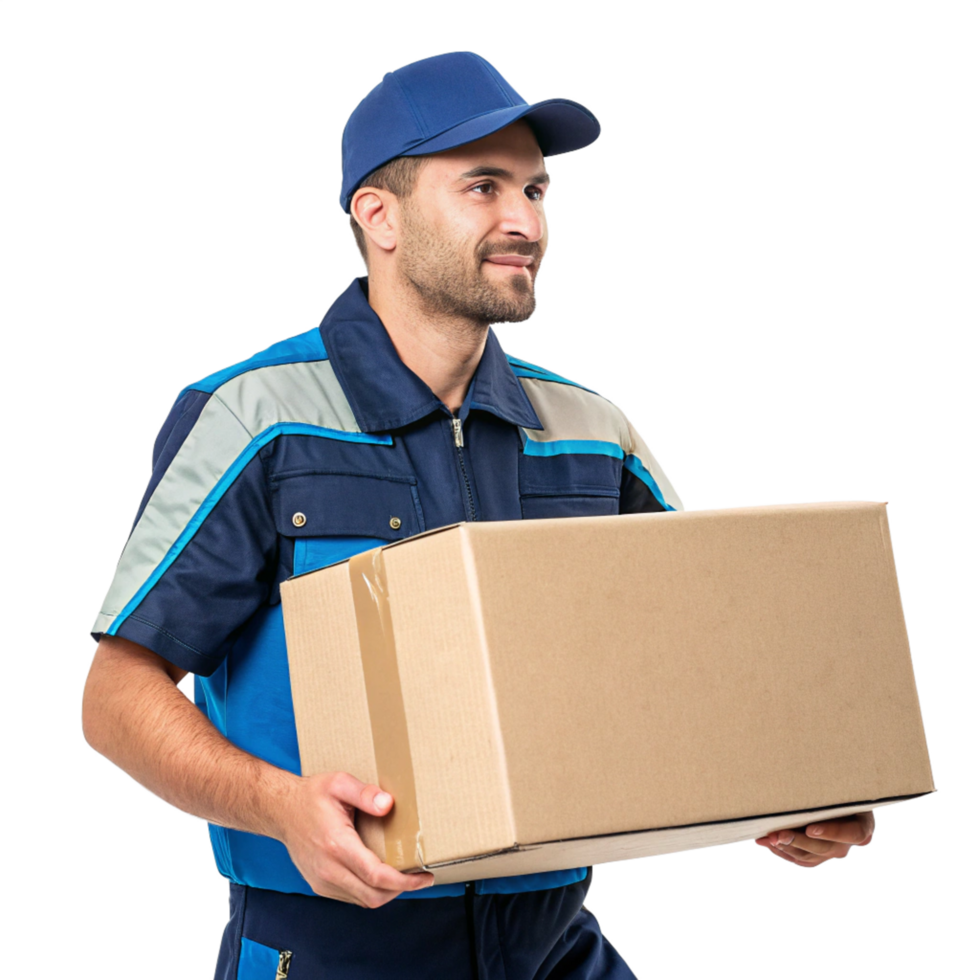 Parcel delivery worker smiling professional photograph studio environment front view concept of service png