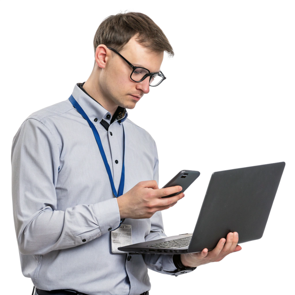 It support specialist working on laptop professional environment focused viewpoint technology concept png
